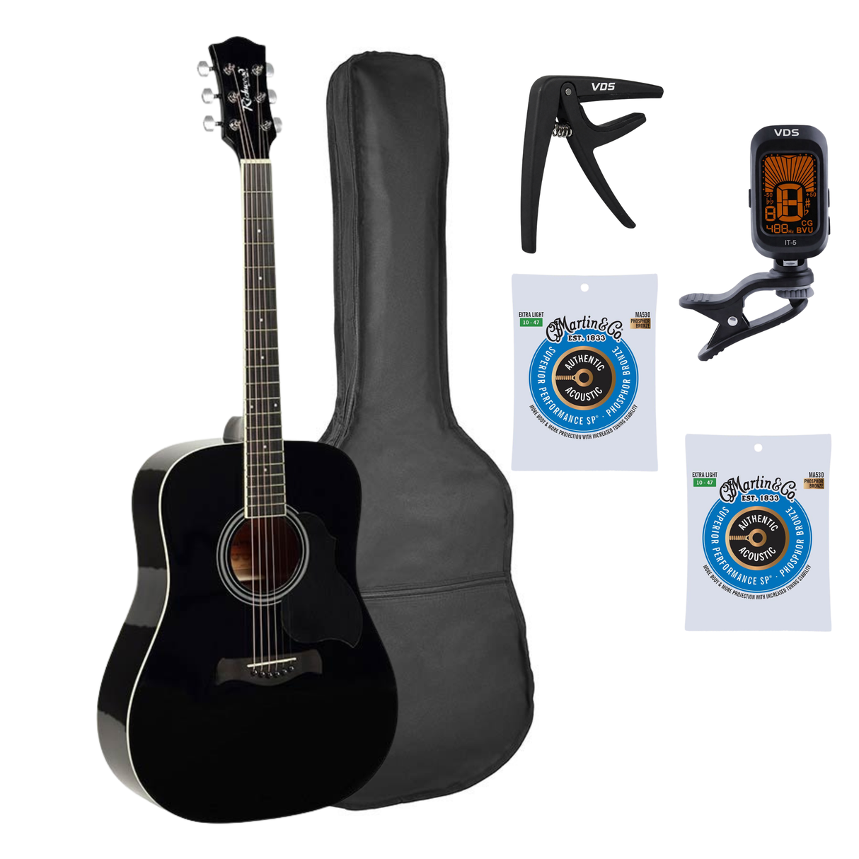 Richwood RD-12-BK Artist Series Dreadnought Akoestische Gitaarset Zwart met Capo, Stemapparaat, Gigbag en 2 Sets Martin Snaren