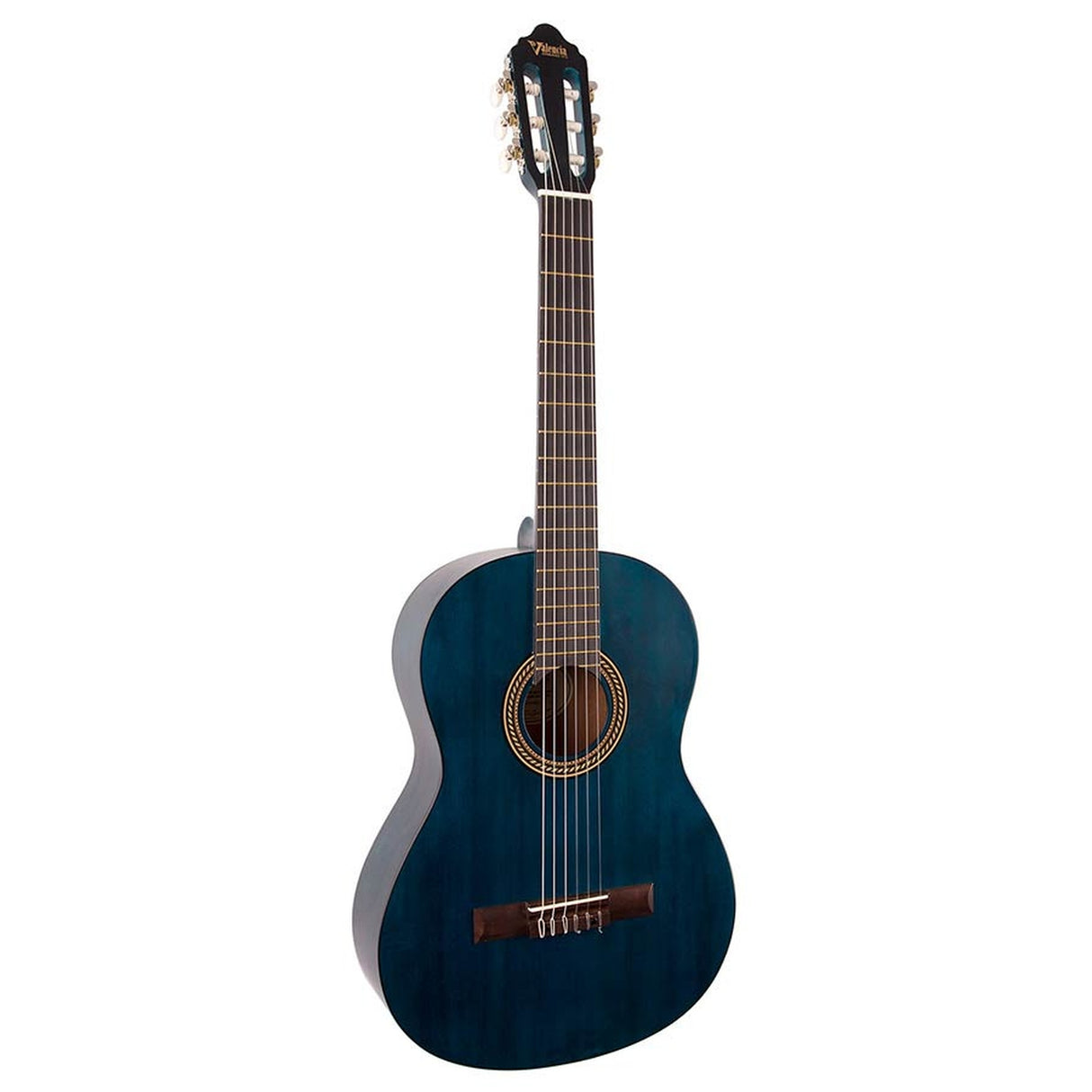 Valencia VC204TBU klassieke gitaar 4/4, sitka sparren top, nato zij- & achterblad, transparant blauwe finish