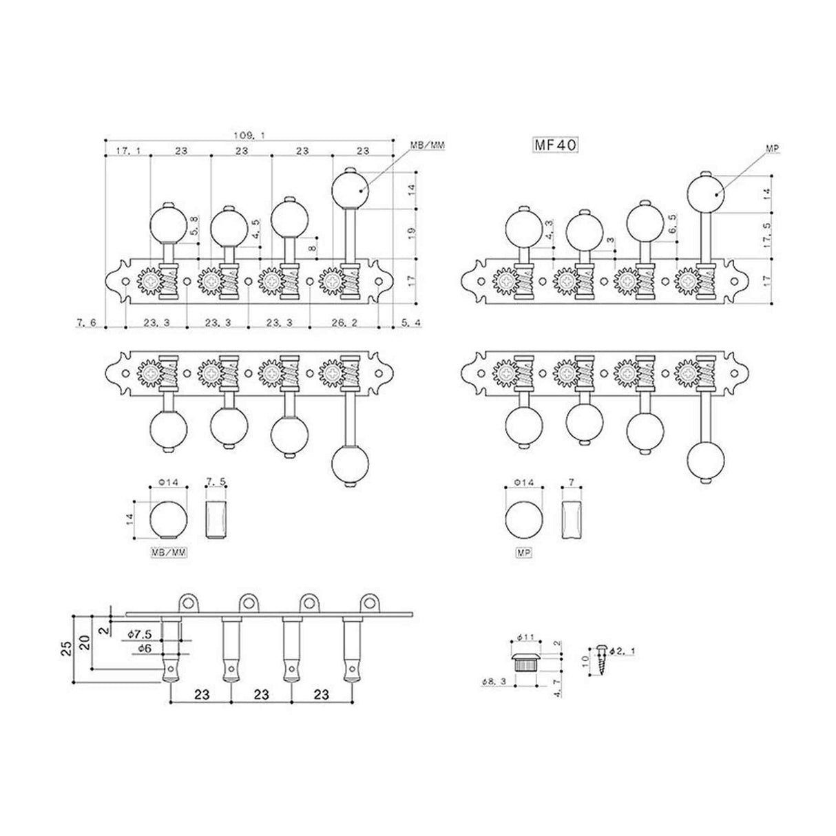 Gotoh GTH15795 MF40 F Stemmechanieken voor F-Style Mandoline, Nikkel, Ivoor MM Knoppen, 1:14 Overbrenging