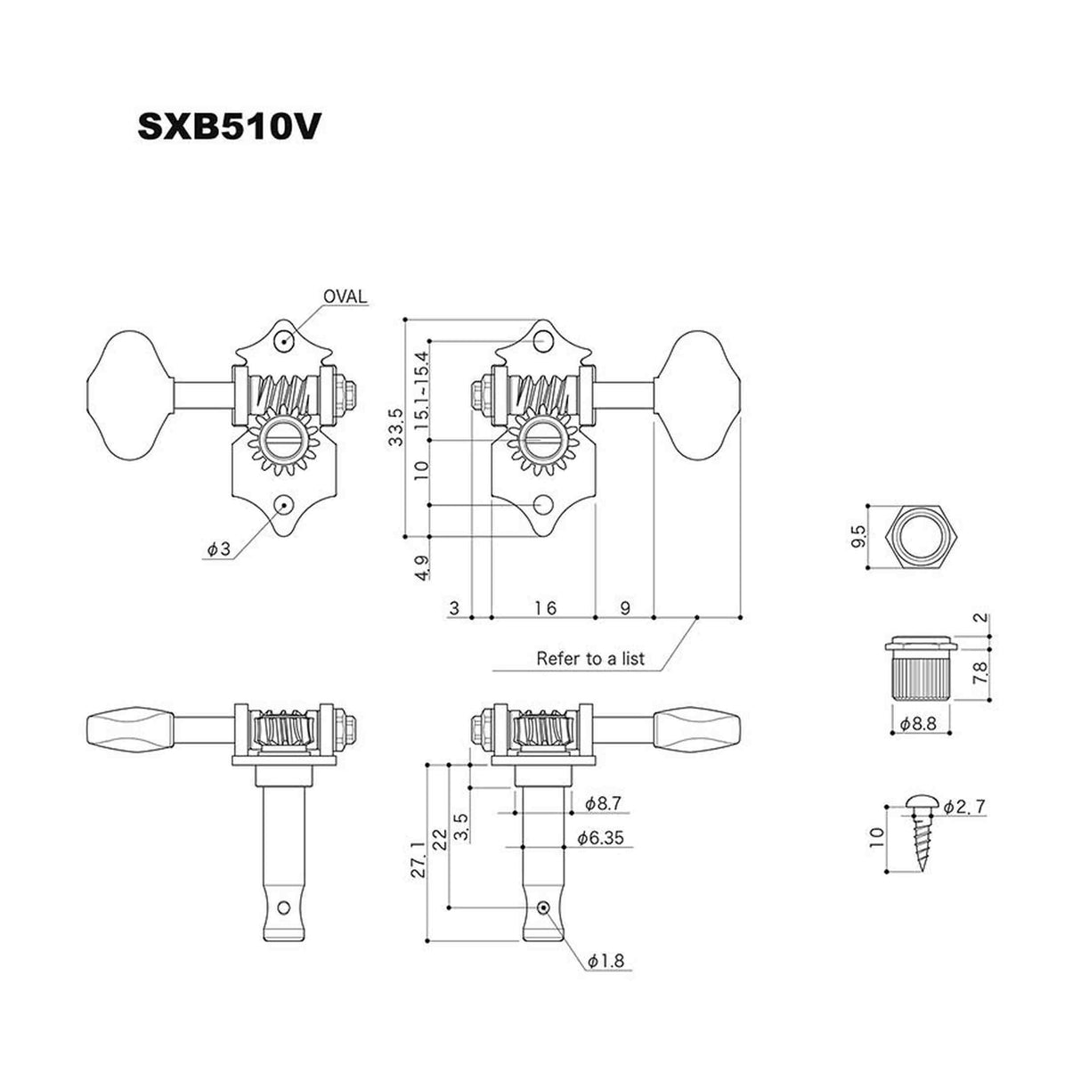 Gotoh GTH15264 SXB510V stemmechanieken met M6 knoppen, 3L3R, goud