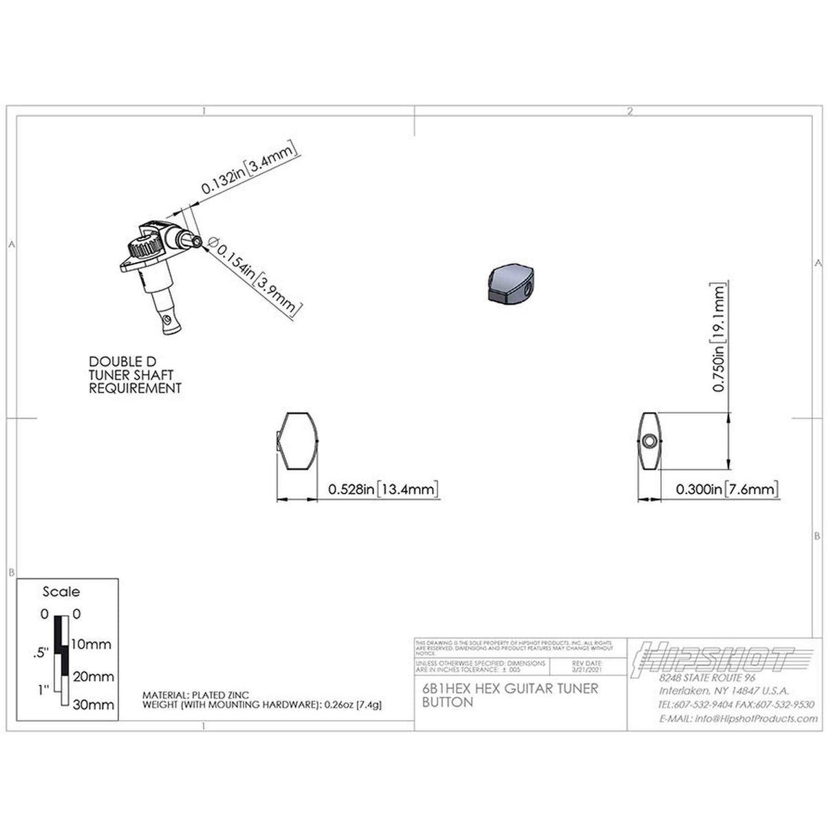 Hipshot HS6B1HEXC Hex Stemknop voor Gitaarmechaniek Chrome, per stuk
