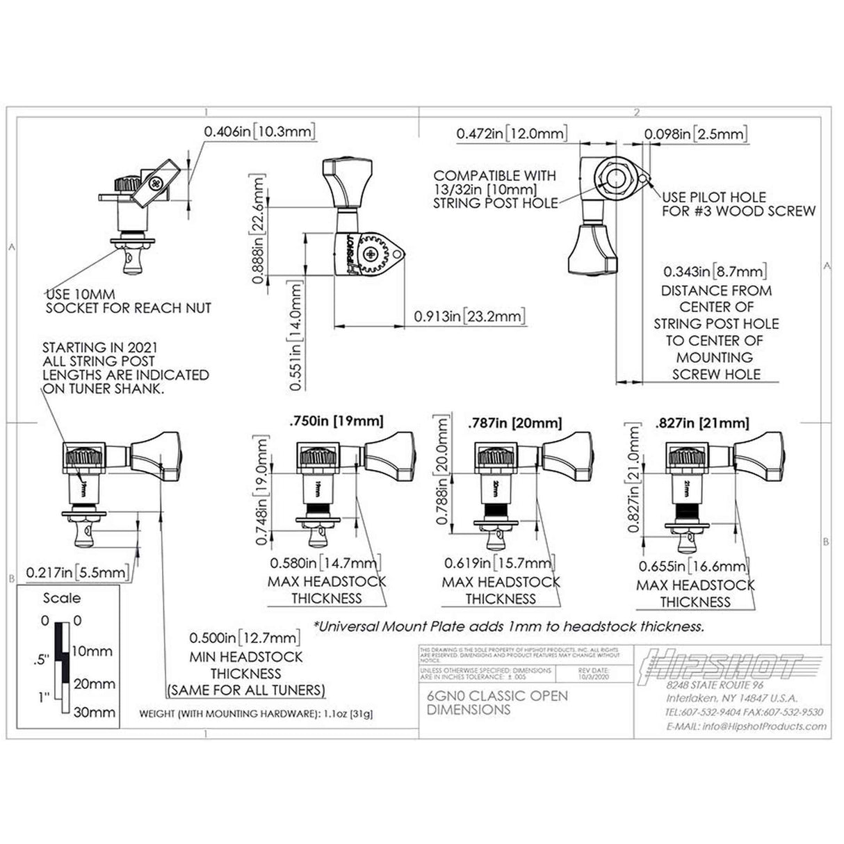 Hipshot HS6K2GN0B Gitaar tuner upgrade kit, 3 + 3 classic, open zwart