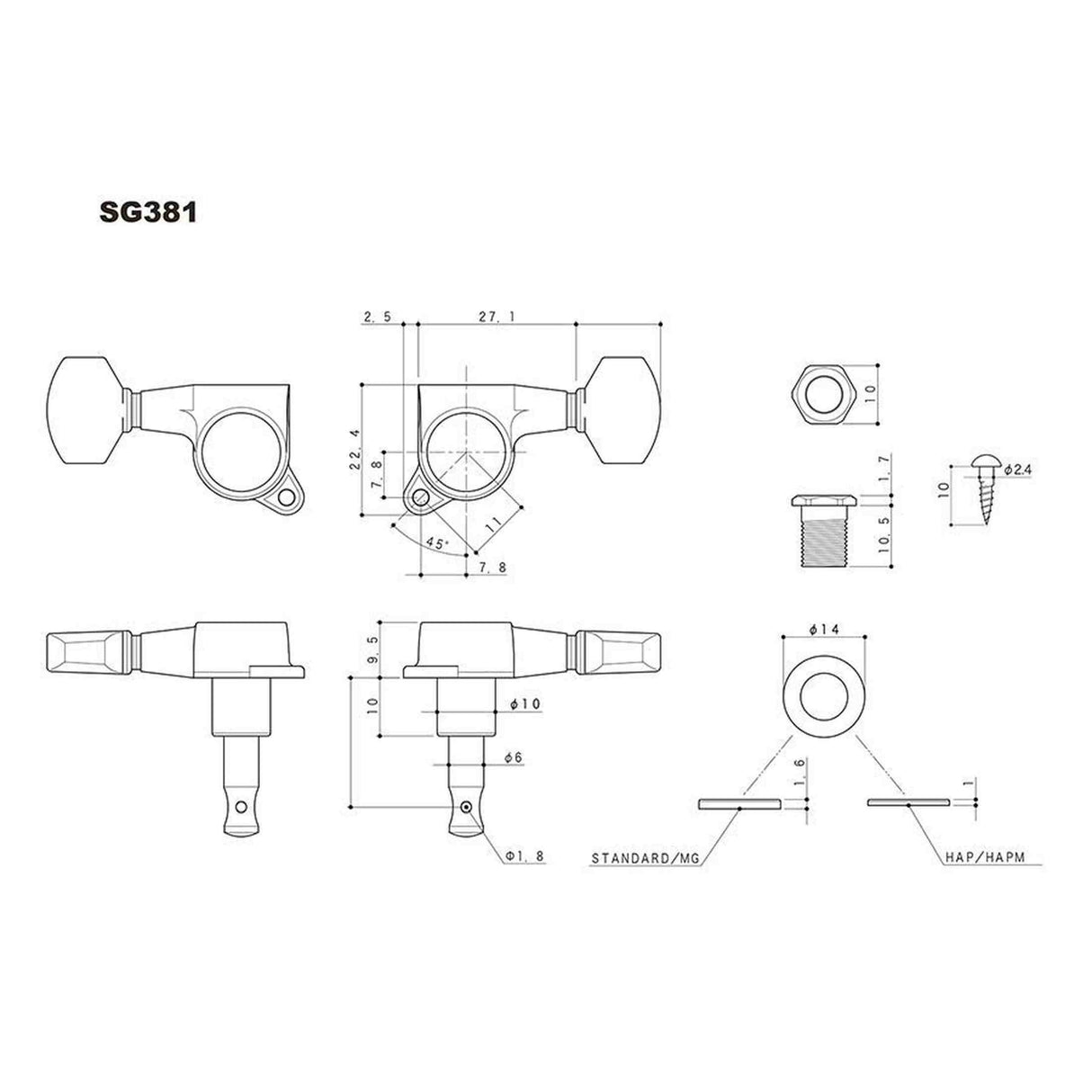 Gotoh GTH14142 SG381 stemmechanieken met Magnum Lock Trad and B20 knoppen, 3L3R, cosmo zwart