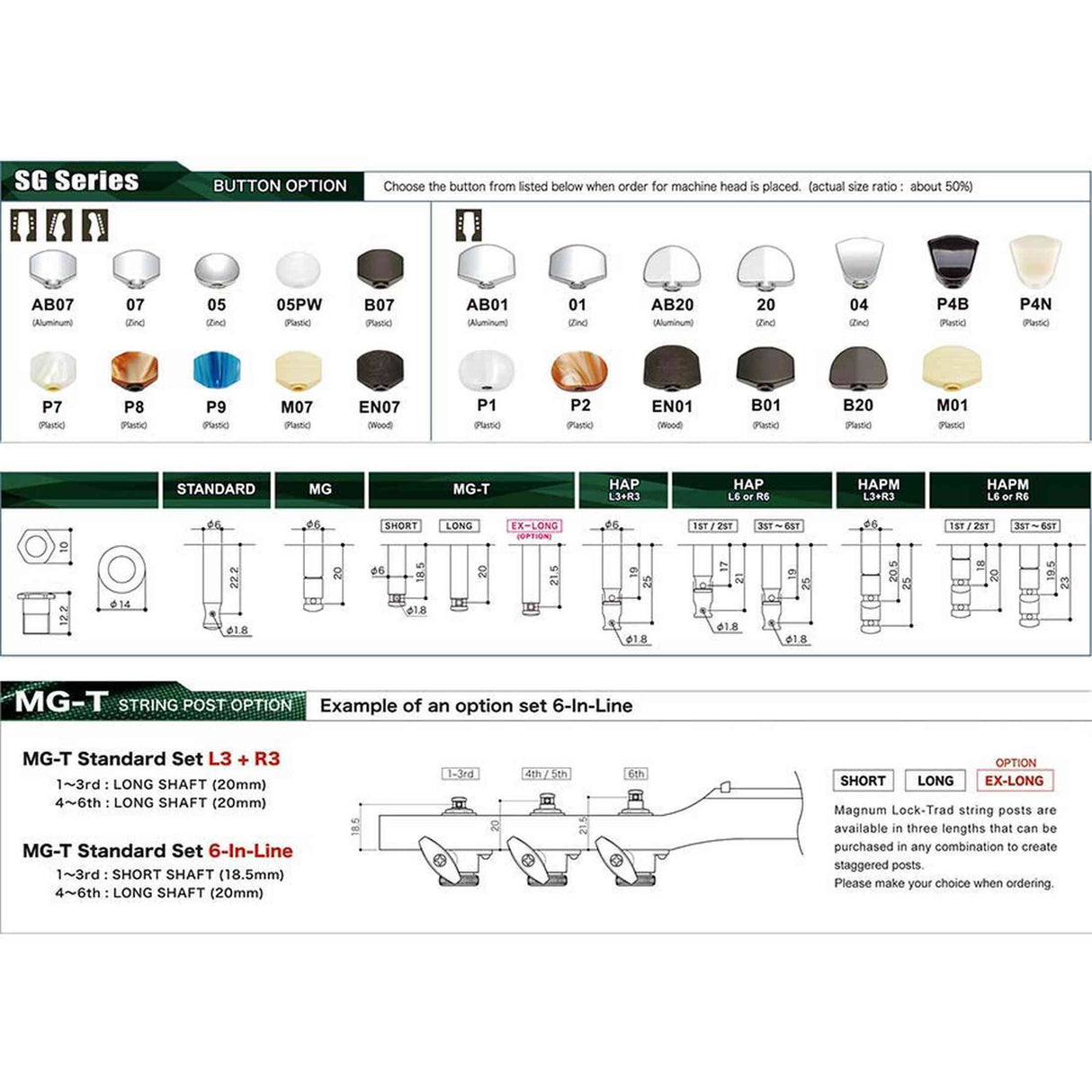 Gotoh GTH15350 SG381 stemmechanieken (posts 6xL) met Magnum Lock Trad and 07 knoppen, 6R, chroom