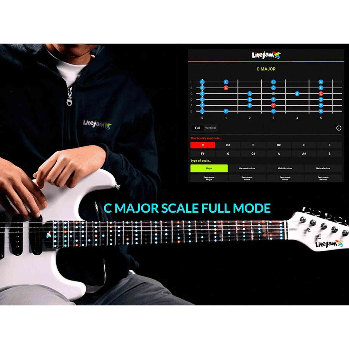 Litejam RGB24/BK elektrische gitaar – 24 frets, 144 RGB LED’s, HSH-configuratie, met gigbag, zwart