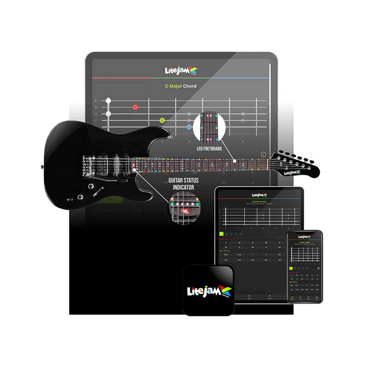 Litejam RGB24/WH Smart Learning Elektrische Gitaar Set White 24 frets HSH RGB LED