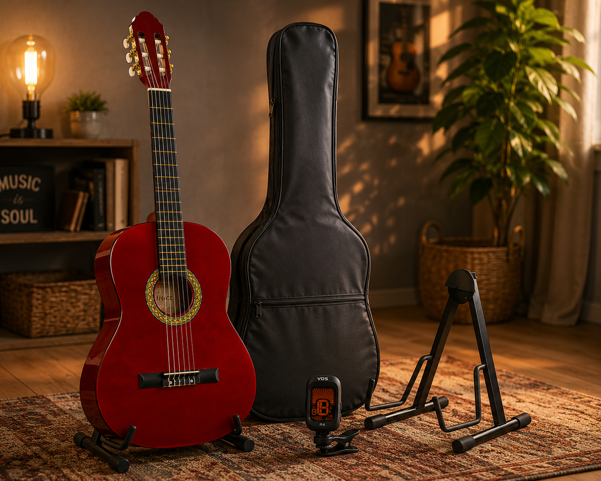 A. Martinez MTC-080/R 4/4 klassieke gitaar dark red met standaard, tas en tuner
