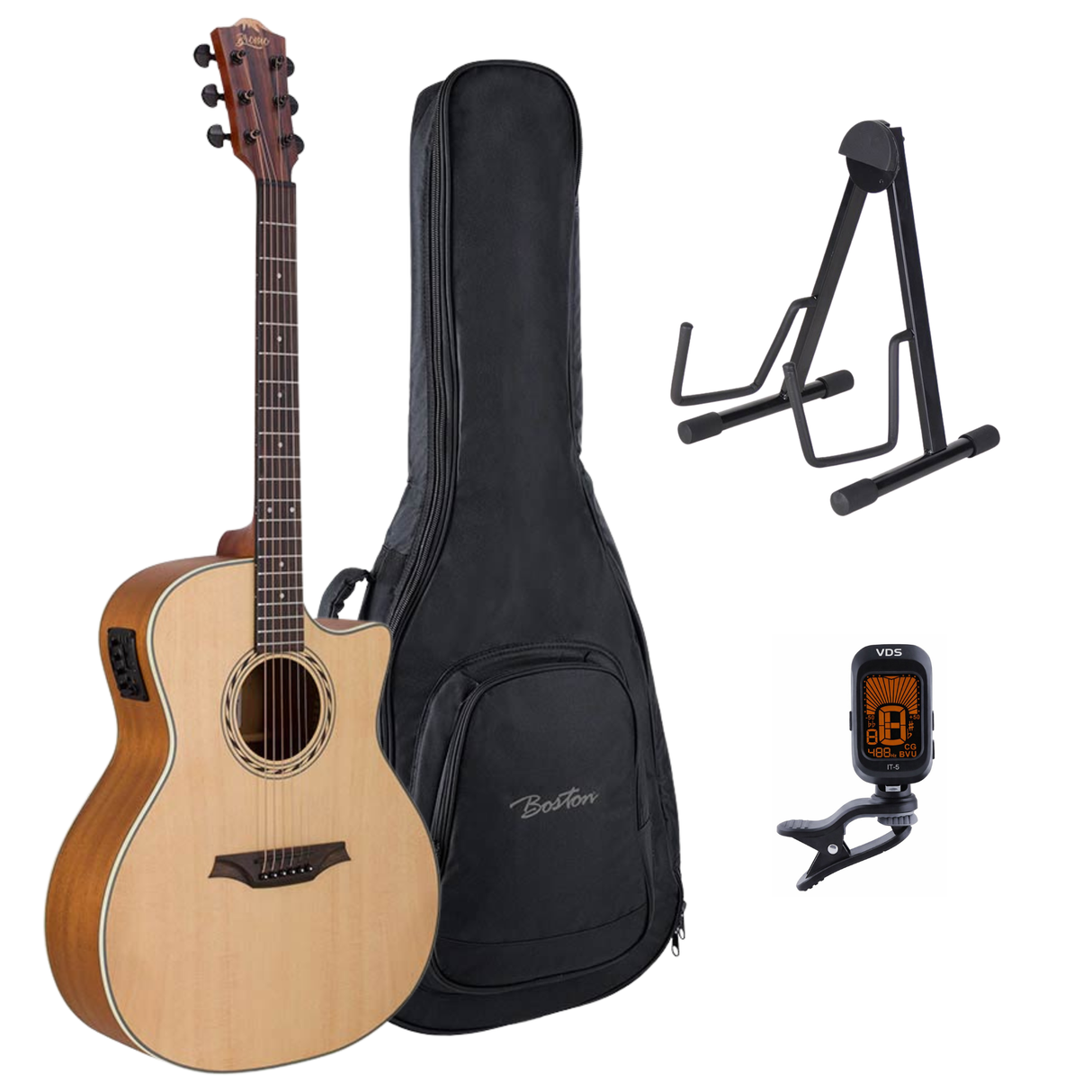 Bromo BAA2CE Appalachian Series Gitaarset β Grand Auditorium Cutaway met Preamp, Gigbag, Standaard en Tuner