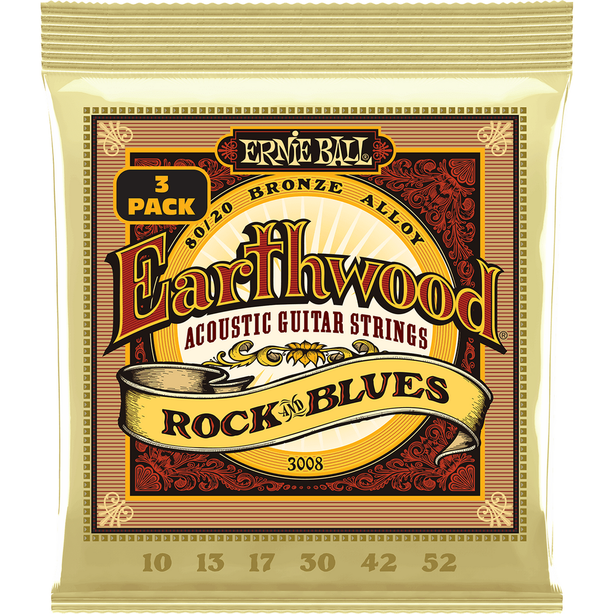 Ernie Ball 3008 Akoestische Gitaarsnaren 80/20 Brons Rock & Blues 10–52 3-Pack