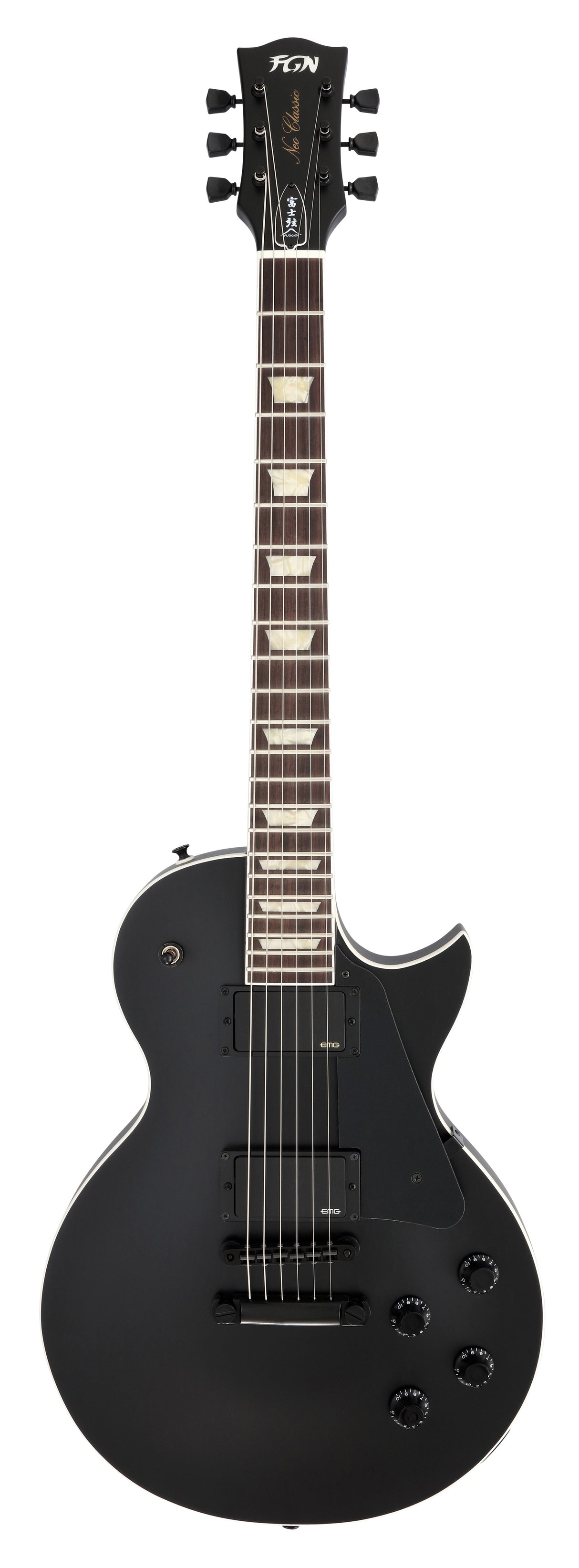 FGN Neo Classic LS10 elektrische gitaar Matte Black, EMG 81 en 85, met gigbag