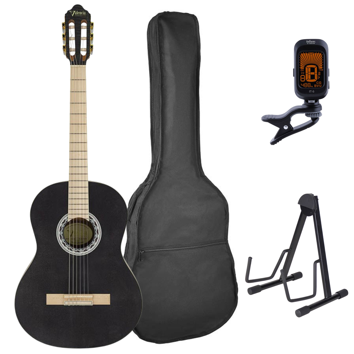 Valencia VC354HBK Klassieke Gitaar 4/4 – Sitka Spar & Mahonie, Zwart, Inclusief Tas, Standaard en Stemapparaat