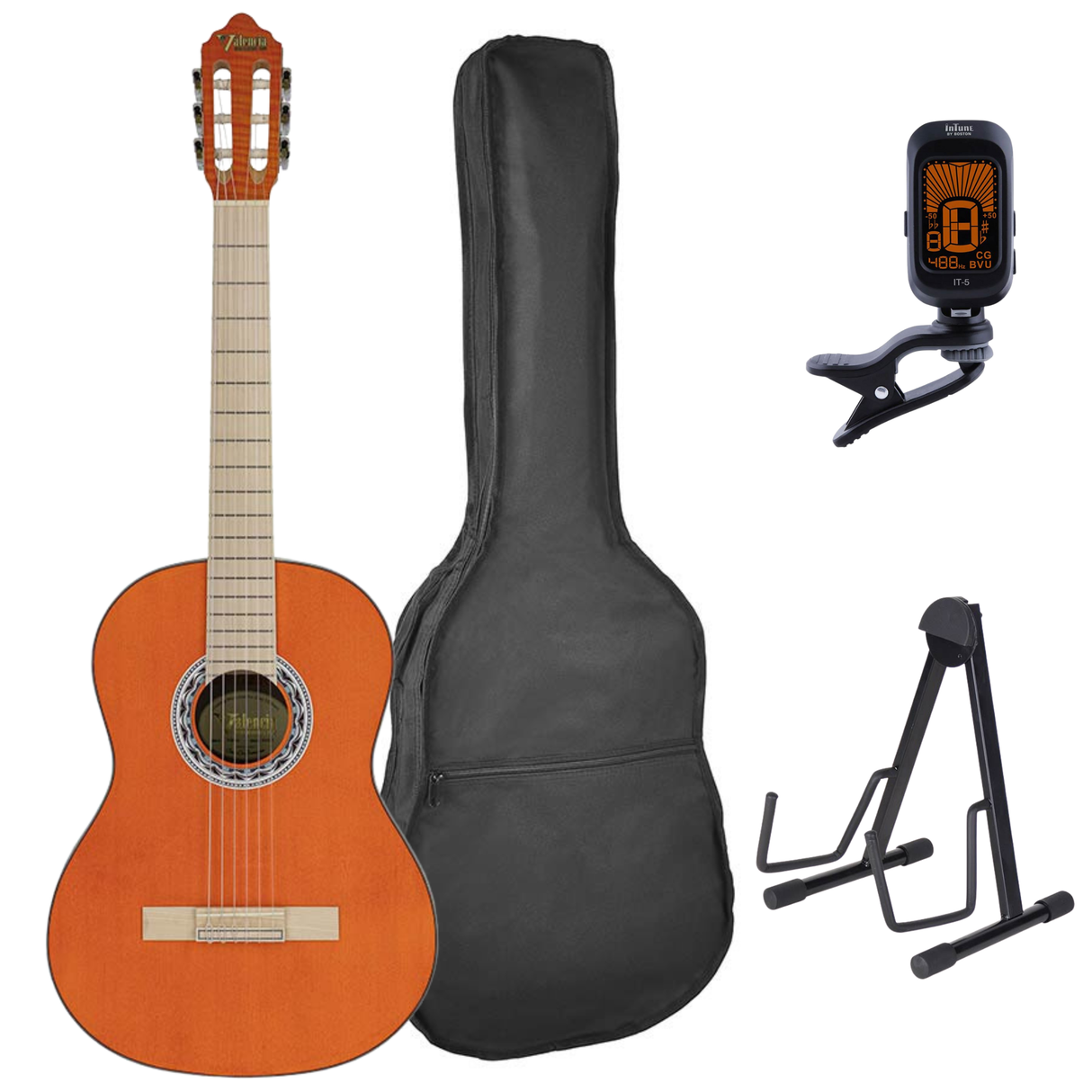 Valencia VC354HOR Klassieke Gitaar 4/4 – Sitka Spar & Mahonie, Oranje, Inclusief Tas, Standaard en Stemapparaat