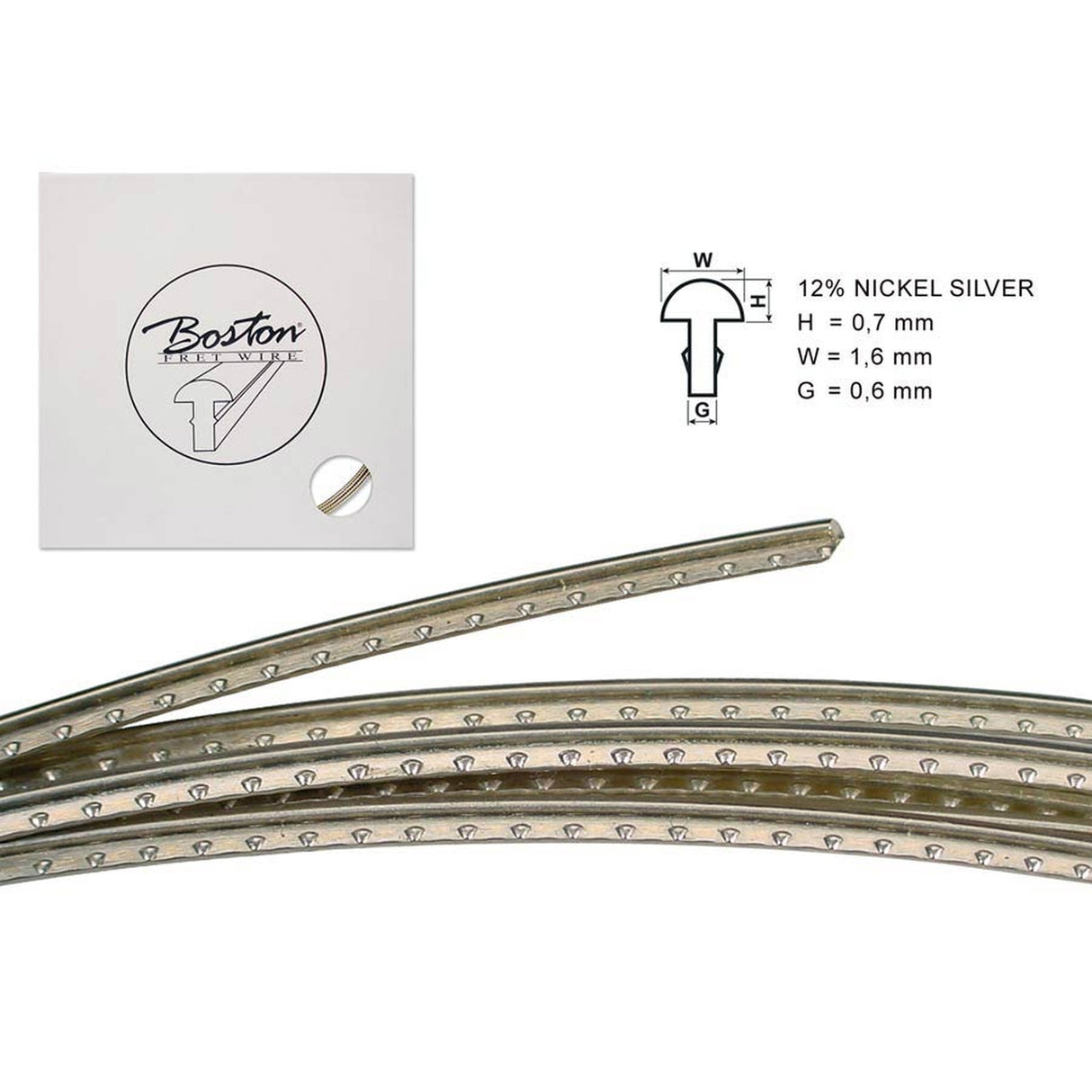 Boston FW-0716062 fretwire, 5 m., 12% nickel silver, h=0,7 w=1,6 g=0,6mm, alternative for 6300