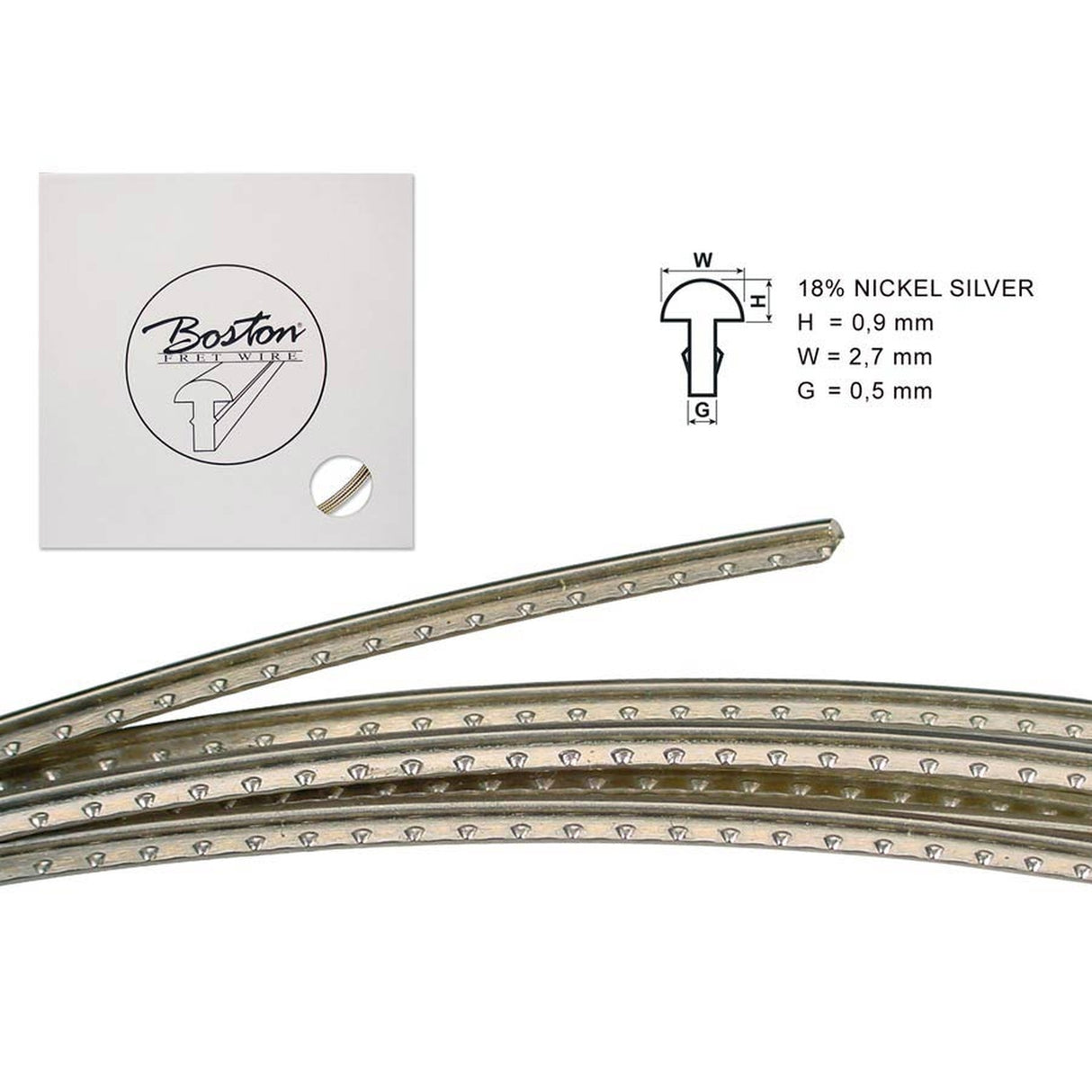 Boston FW-0927058 fretwire, 5 m., 18% nickel silver, h=0,9 w=2,7 g=0,5mm, alternative for 6130, med. jumbo, vintage L