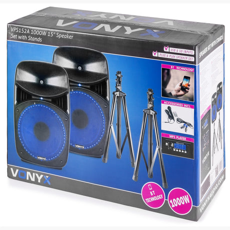 VONYX VPS152A 1000W Actieve Speakerset met Bluetooth, USB/SD en 15 inch Woofers