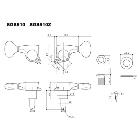 Gotoh GTH14580 SGS510 stemmechanieken met HAPM and S5 knoppen, 3L3R, chroom
