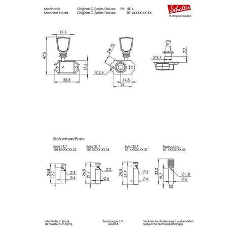 Schaller 101401231636 Stemmechanieken 3L3R Deluxe KeyStone. 21.7x6mm solid shaft, nikkel