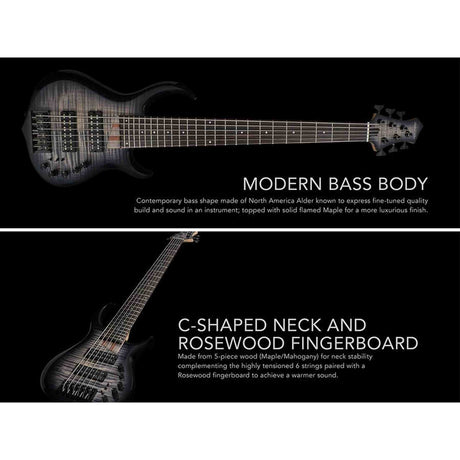 Sire M7+ A6/TBL Marcus Miller 6-snarige basgitaar, swamp ash met flame maple top, 35 inch, Heritage-3 preamp, Transparent Blue