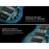 Sire M7+ A6/TBK Marcus Miller 6-snarige basgitaar, swamp ash met flame maple top, 35 inch, Heritage-3 preamp, Transparent Black