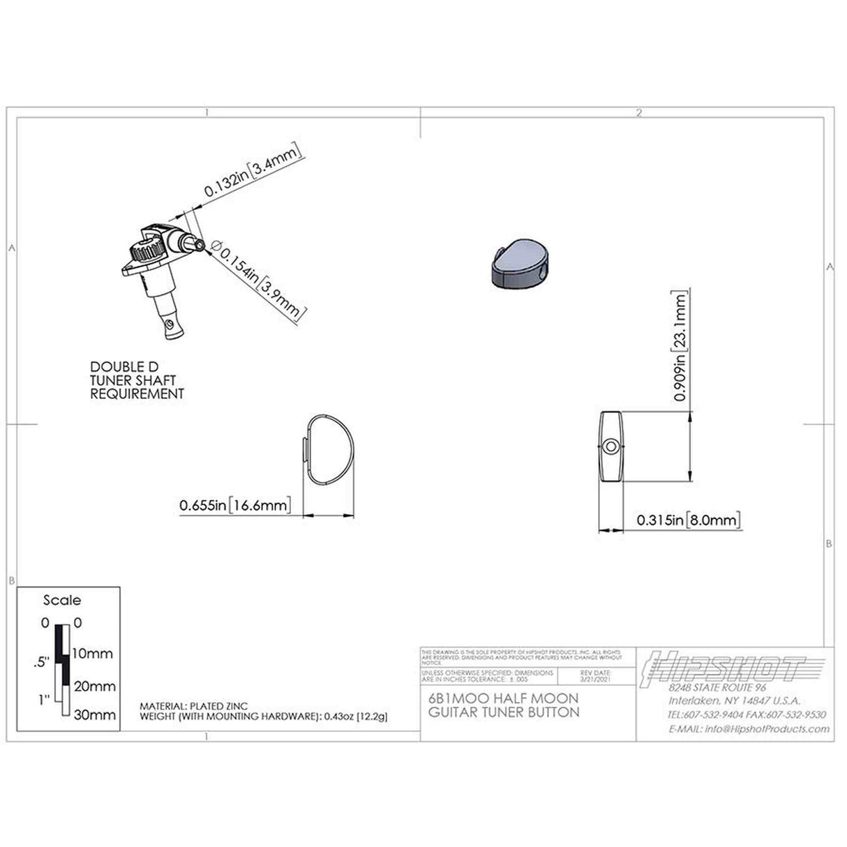 Hipshot HS6B1MOOB Half Moon Stemknop voor Gitaarmechaniek Black, per stuk