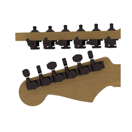 Hipshot HS6K1EL0BST guitar tuner upgrade kit, 6 inline Grip-Lock, closed staggered black