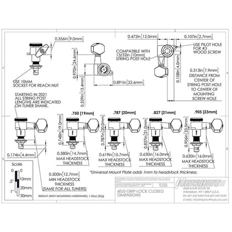 Hipshot HS6K1EL0SST guitar tuner upgrade kit, 6 inline Grip-Lock, closed satin staggered
