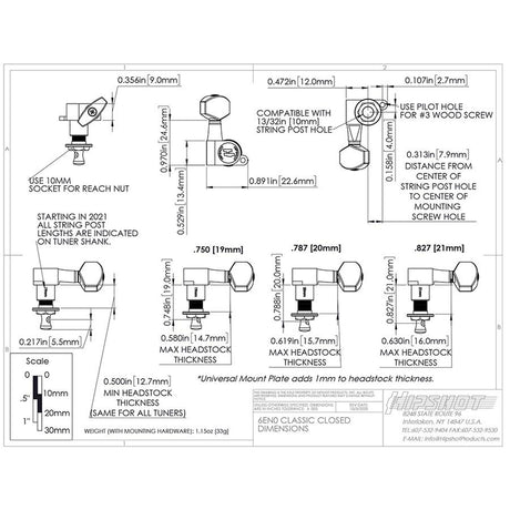 Hipshot HS6K1EN0GST guitar tuner upgrade kit, 6 inline classic, closed gold staggered