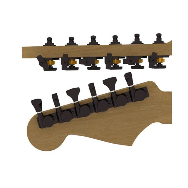 Hipshot HS6K1GL0BST guitar tuner upgrade kit, 6 inline Grip-Lock, open black staggered
