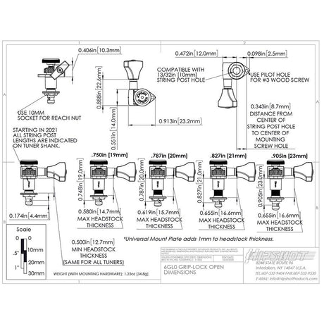 Hipshot HS6K1GL0GST guitar tuner upgrade kit, 6 inline Grip-Lock, open gold staggered