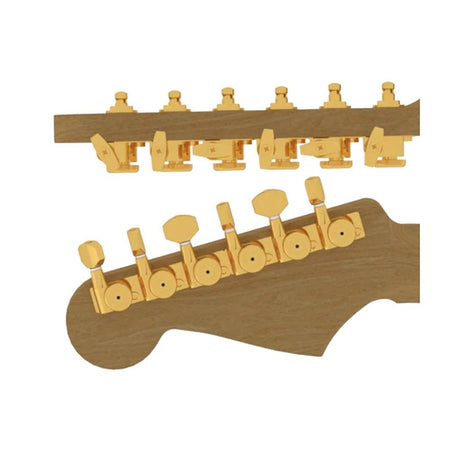 Hipshot HS6K1VEL0GS vintage guitar tuner upgrade kit, 6 inline Grip-Lock, closed gold staggered