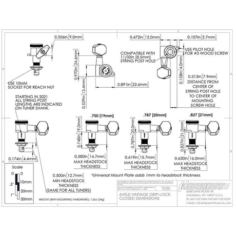 Hipshot HS6K1VEL0NS vintage guitar tuner upgrade kit, 6 inline Grip-Lock, closed nickel staggered