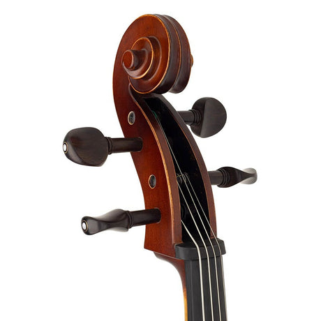 Leonardo LC-1334 cello 3/4, gelamineerd met gevlamde achterkant en zijkanten, ebbenhouten beslag, tas en strijkstok