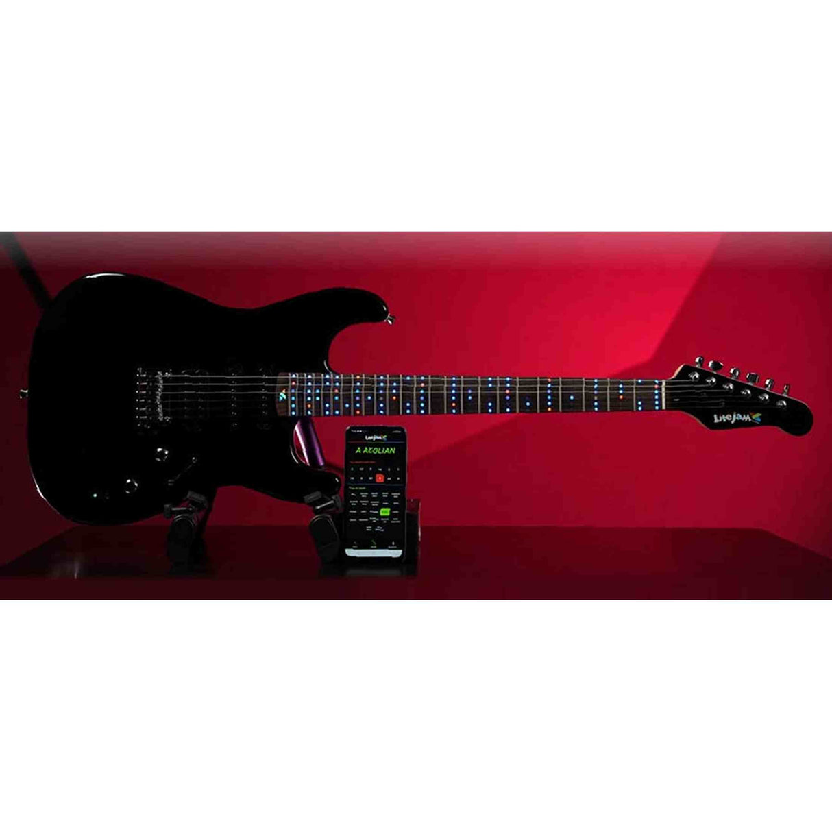 Litejam RGB24/WH elektrische gitaar – 24 frets, 144 RGB LED’s, HSH-configuratie, met gigbag, wit