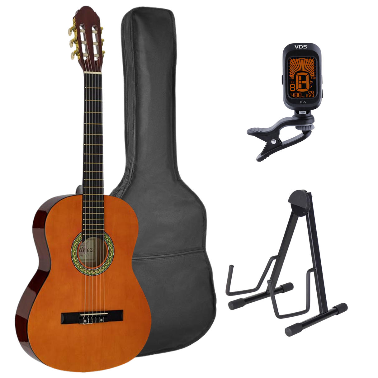 A. Martinez MTC-080 4/4 klassieke gitaar bruin naturel met standaard, tas en tuner