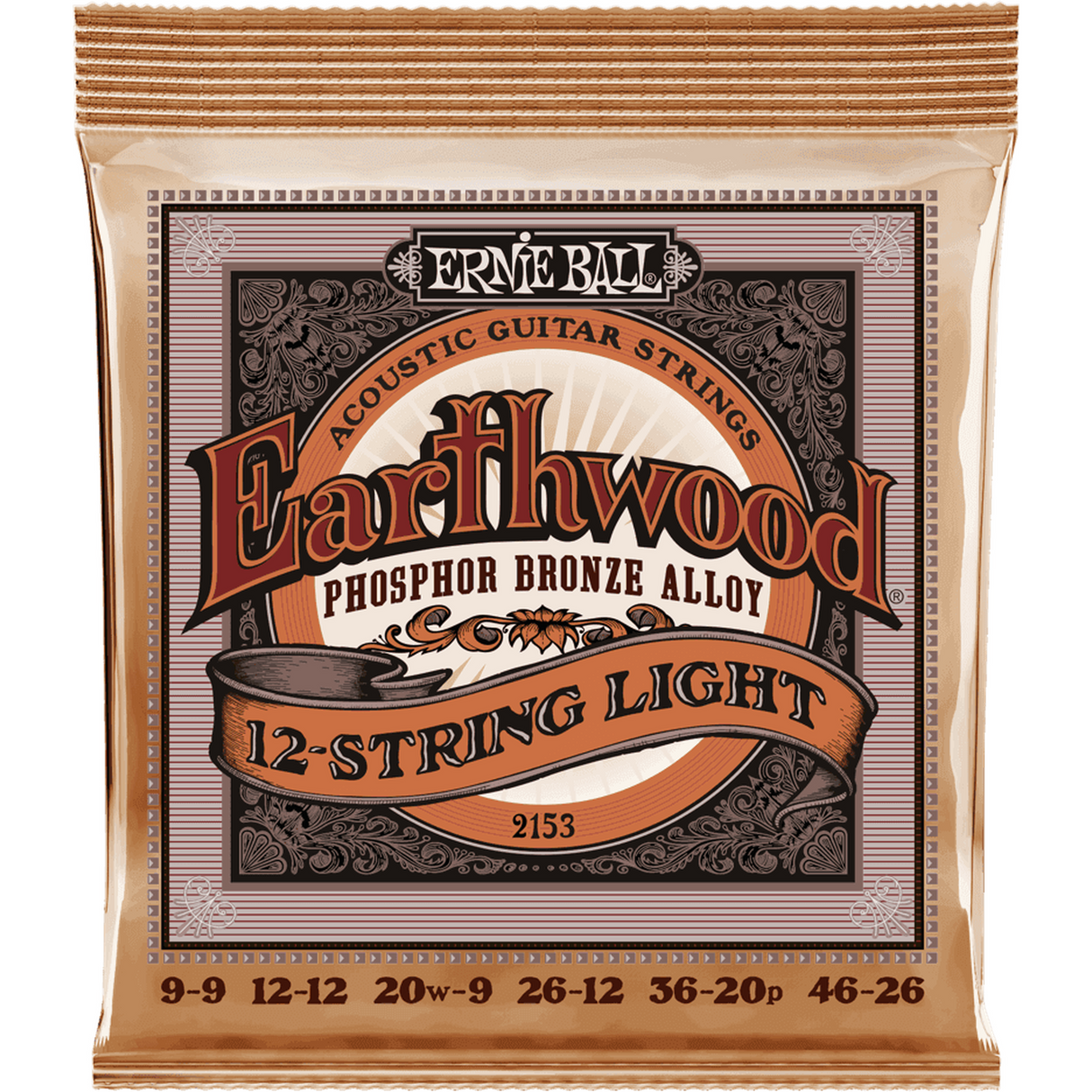 Ernie Ball 2153 Earthwood Fosforbrons Akoestische Gitaarsnaren 12-Snarig Light 9–46