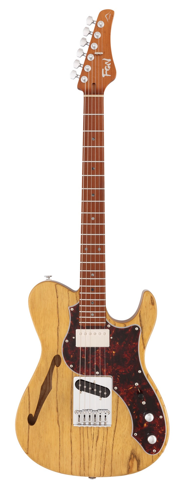FGN Expert Iliad elektrische gitaar Vintage Natural, Thinline Body, 22 RVS frets, met koffer
