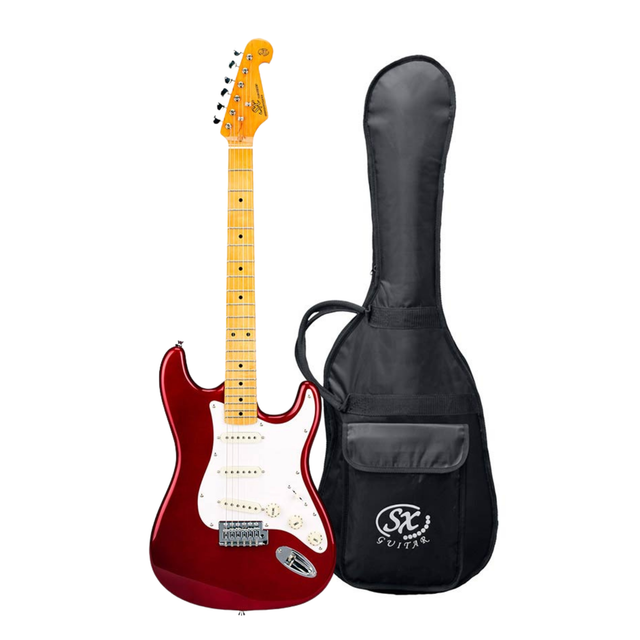 SX SST57-CAR elektrische gitaar – 3 single coils, vintage tremolo, Candy Apple Red + tas